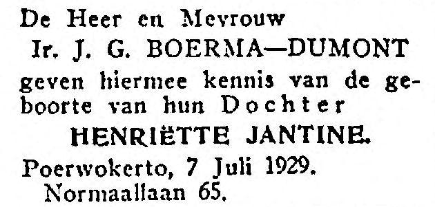 Geboorte J. Boerma op 7 juli 1929 in Poerwokerto, Nederlands Indië