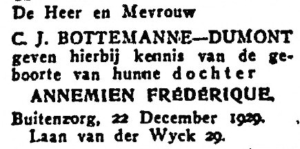 Geboorte van Annemien (nu) Frederique Bottemanne op 22 december 1919 in Buitenzorg, Nederlands Indië, Laan van Wyck 29