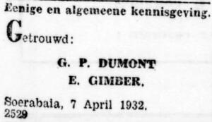 Huwelijk Willy Dumont met (Miepje) Gimber 7 april 1932