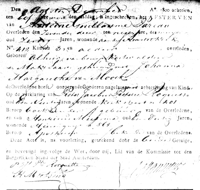 Document nalatenschap Antoine Guillaume Pareau, dood op 7 december 1818