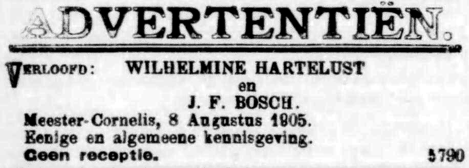 Verloving Wilemina Hartelust met JF Bosch op 8 augustus 1905 in Meester Cornelis, Nederlands Indië