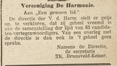 Korte krantenbrief van Theodorus Brunsveld Keiser als Secretaris van de Harmonie