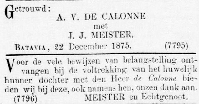 Huwelijk Johanna Jacoba Meister met Anthonius Victor de Calonne op 22 december 1875 in Batavia, Nederlands Indië