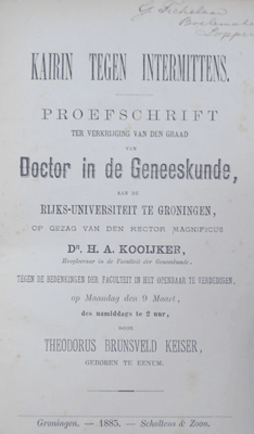 Titelpagina medisch proefschrift Theodorus Brunsveld Keiser voorjaar 1885