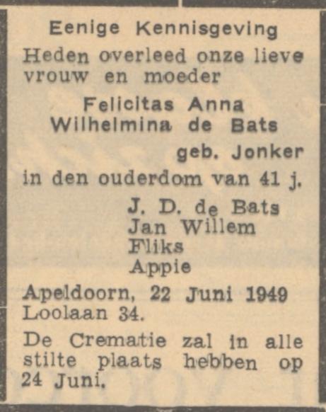 Felicitas AW Ionker, de eerste vrouw van JD de Bats, sterft op 22 juni 1949 in Apeldoorn, rouw advertentie