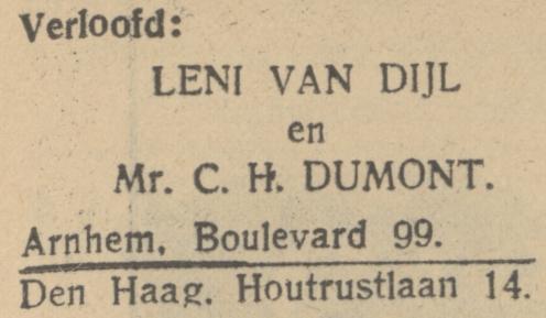 Verloving mr Carl Herman Dumont en Leni van Dijl, advertentie d.d. 17 juli 1930 in Den Haag