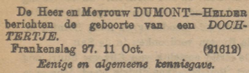 Jacob GM Dumont en Jopie Helder krijgen een 2e dochter op 11 oktober 1914. Krant Burgerlijke Stand Den Haag