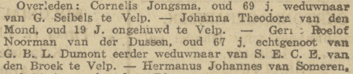 Gerrit Roelof Noorman van der Dussen, echtgenoot van Grada BL Dumont, sterft op 3 november 1923 in Velp