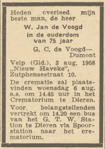 Wouter Jan de Voogd, echtgenoor van Gardina Clasina Dumont, sterft op 3 augustus 1958 in Velp