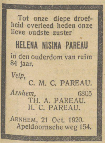 Helena Nisina Pareau sterft op 21 oktober 1920 in Arnhem