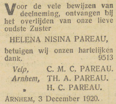 Dank-advertentie van haar familie na de dood van Helena Nisina Pareau op 21 oktober 1920 in Arnhem