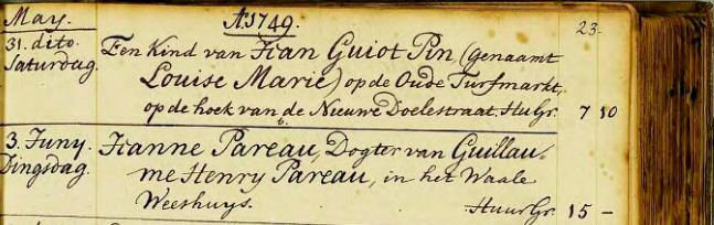 Begrafenis inschrijving Jeanne Pareau, gestorven op 3 juni 1749 en begraven in de Waalse kerk
