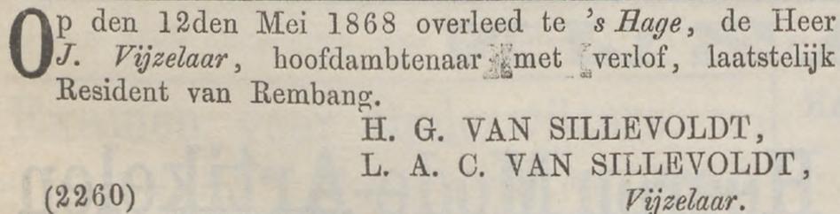 de heer J. Vijzelaar, Resident van Rembang op Java sterft in Den Haag op 12 mei 1868 