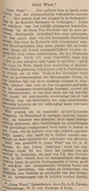 AH Pareau 1849 bespreking boek 'Onze West', krant 22 december 1898