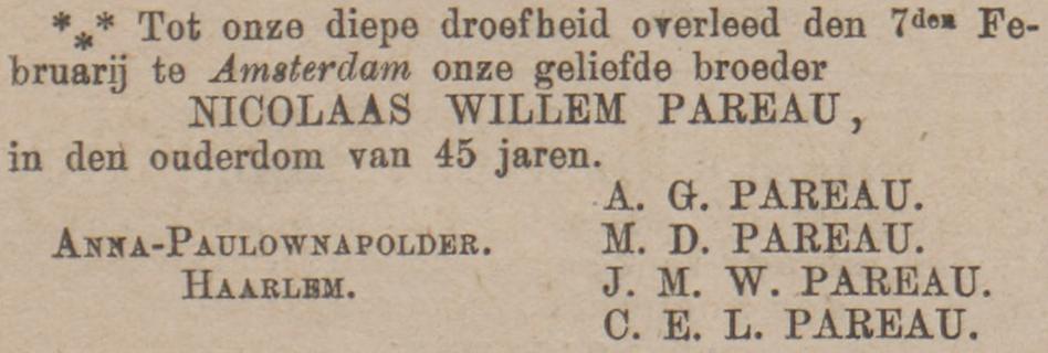Nicolaas Willem Pareau sterft in Amsterdam op 7 februari 1884