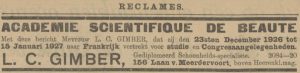 Louisa Carolina Gimber, schoonheidsspecialiste, gaat een paar weken op studiereis naar Frankrijk, advertentie 17 december 1926